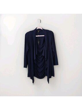 Cupio Open Assymetric Front Cardigan XL Navy LS Ruched Back Office Mature Casual